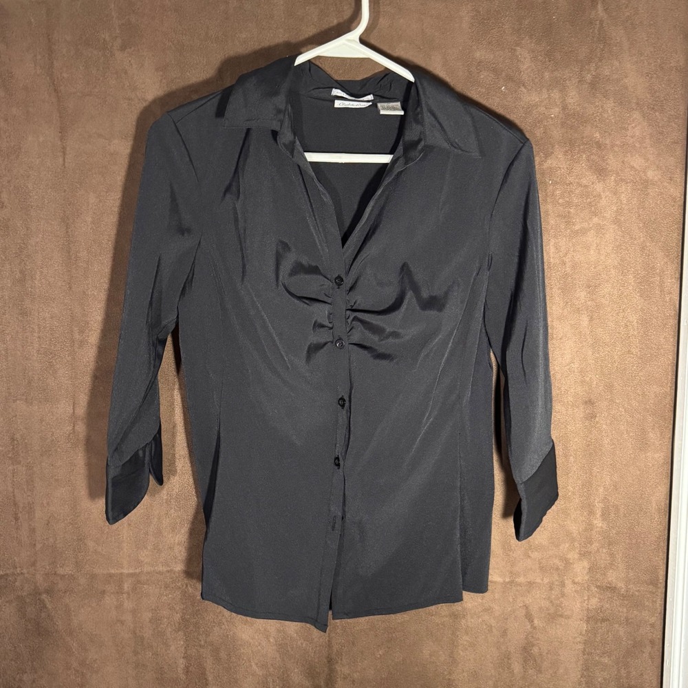 Charlotte Russe Black Blouse Top 3/4 Sleeve Button Front Ruched Fitted Career - Picture 1 of 6